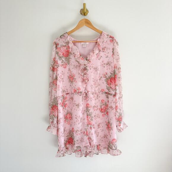 Rachel Parcell Sophia Floral Print Ruffle Long Sleeve Romper Pink M - Picture 1 of 10
